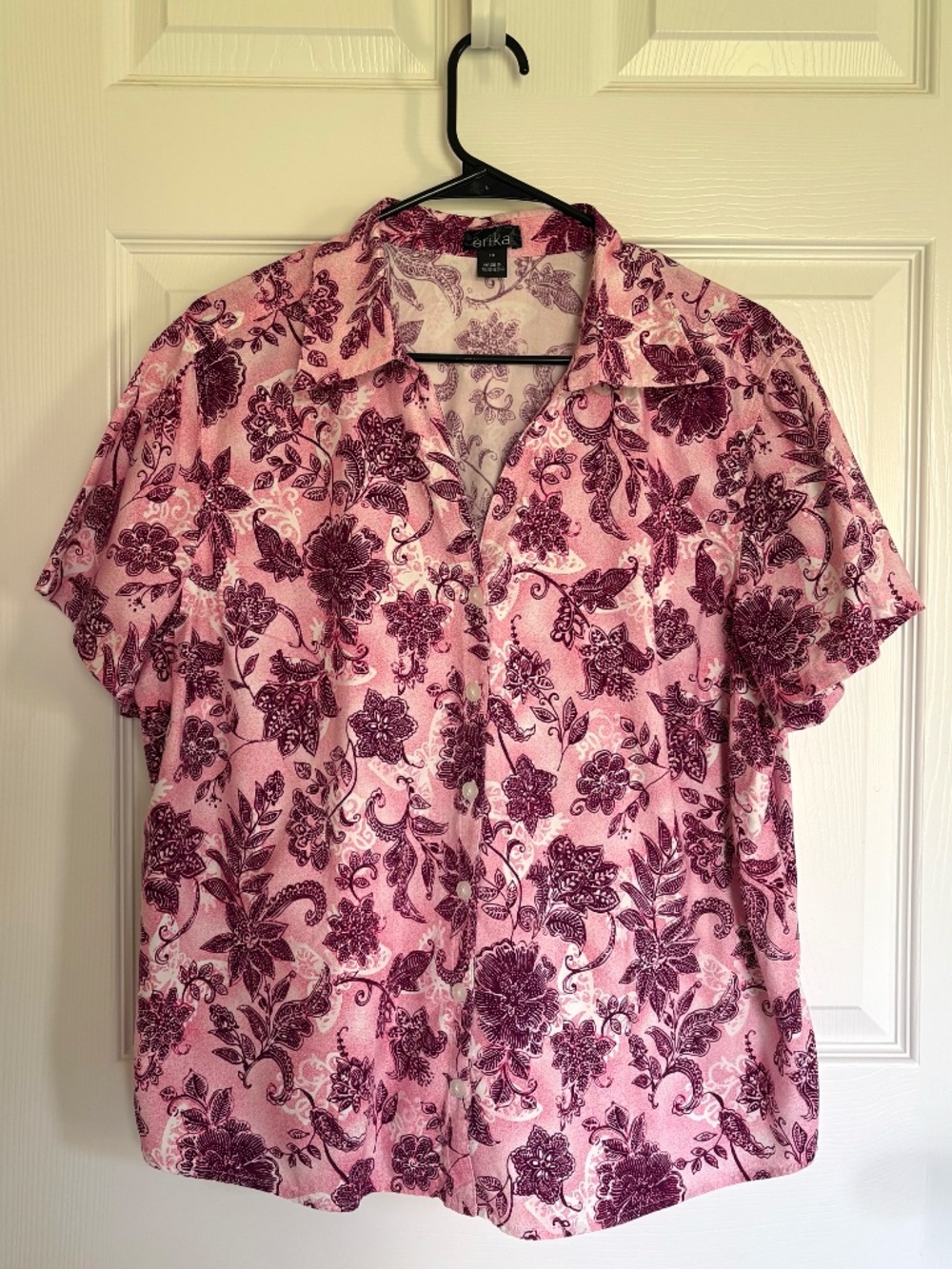 Erika Womens 1X Pink Floral Button Up Shirt Short Sleeve Cotton Camp Blouse Top